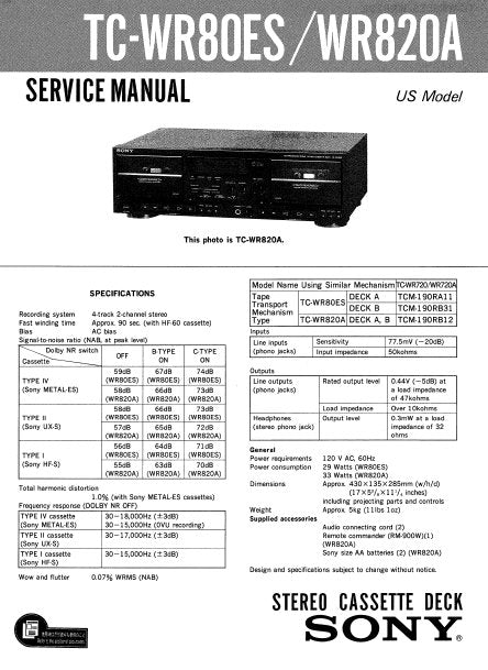 SONY TC-WR80ES TC-WR820A STEREO CASSETTE TAPE DECK SERVICE MANUAL INC PCBS SCHEM DIAGS AND PARTS LIST 28 PAGES ENG