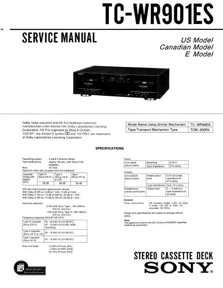 SONY TC-WR901ES STEREO CASSETTE TAPE DECK SERVICE MANUAL INC BLK DIAG PCBS SCHEM DIAGS AND PARTS LIST 37 PAGES ENG