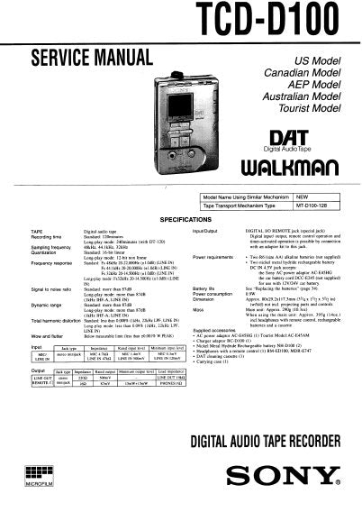 SONY TCD-D100 DIGITAL AUDIO TAPE RECORDER SERVICE MANUAL INC BLK DIAGS PCBS SCHEM DIAGS AND PARTS LIST 44 PAGES ENG