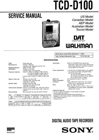 SONY TCD-D100 DIGITAL AUDIO TAPE RECORDER SERVICE MANUAL INC BLK DIAGS PCBS SCHEM DIAGS AND PARTS LIST 44 PAGES ENG