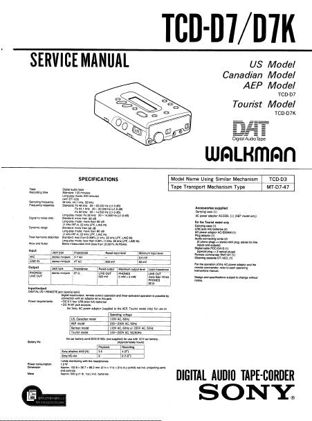 SONY TCD-D7 DIGITAL AUDIO TAPE-CORDER SERVICE MANUAL INC BLK DIAGS PCBS SCHEM DIAGS AND PARTS LIST 59 PAGES ENG