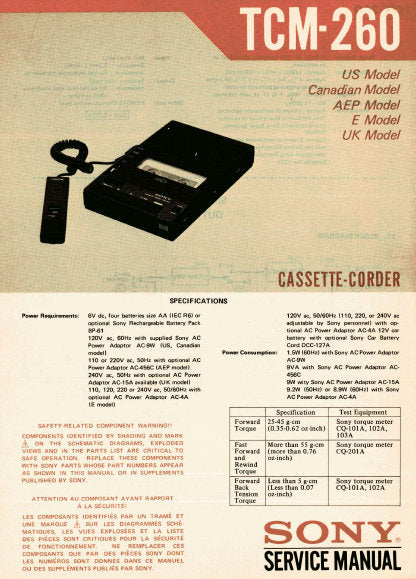 SONY TCM-260 CASSETTE CORDER SERVICE MANUAL INC BLK DIAG PCBS SCHEM DIAGS AND PARTS LIST 17 PAGES ENG