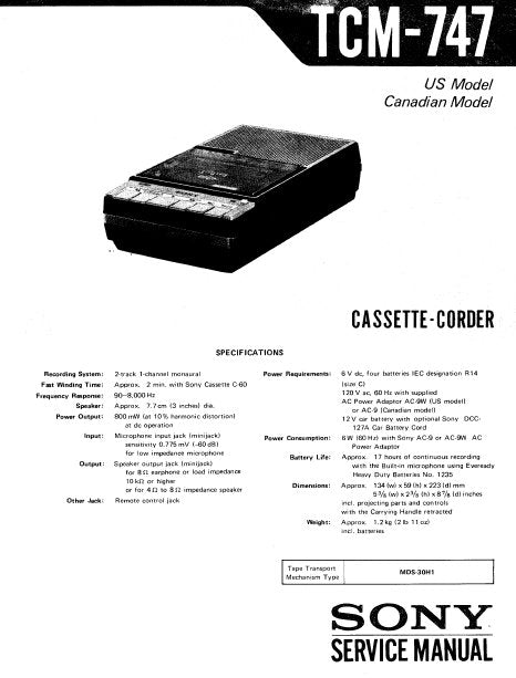 SONY TCM-747 CASSETTE CORDER SERVICE MANUAL INC PCBS SCHEM DIAG AND PARTS LIST 14 PAGES ENG