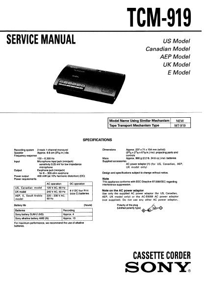 SONY TCM-919 CASSETTE CORDER SERVICE MANUAL INC PCB SCHEM DIAG AND PARTS LIST 12 PAGES ENG
