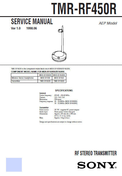 SONY TMR-RF450R RF STEREO TRANSMITTER SERVICE MANUAL INC PCBS SCHEM DIAG AND PARTS LIST 8 PAGES ENG