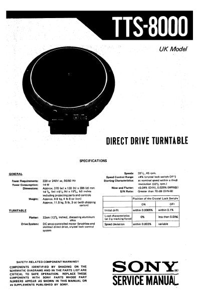 SONY TTS-8000 TURNTABLE SYSTEM SERVICE MANUAL INC PCB SCHEM DIAG AND PARTS LIST 16 PAGES ENG