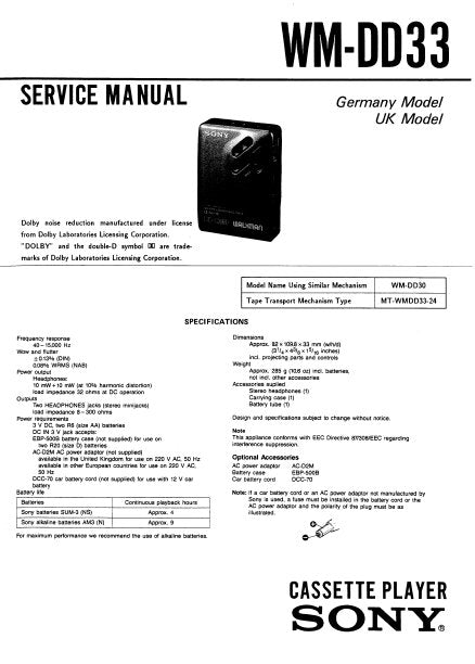 SONY WM-DD33 CASSETTE PLAYER SERVICE MANUAL INC PCBS SCHEM DIAG AND PARTS LIST 15 PAGES ENG