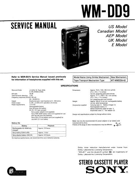 SONY WM-DD9 STEREO CASSETTE PLAYER SERVICE MANUAL INC PCBS SCHEM DIAG AND PARTS LIST 19 PAGES ENG