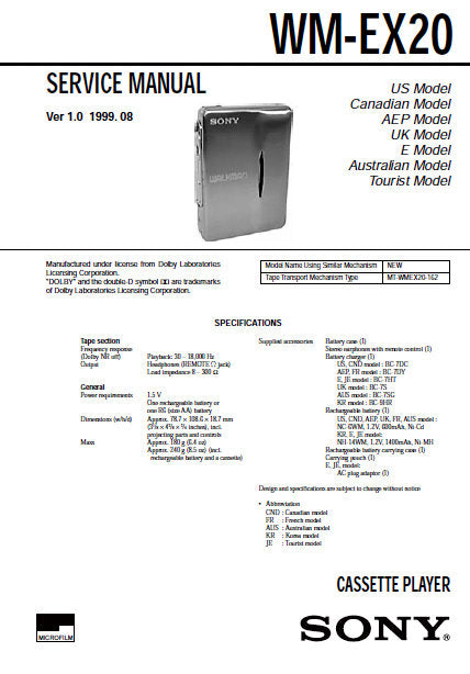 SONY WM-EX20 CASSETTE PLAYER SERVICE MANUAL VER 1.0 INC BLK DIAG PCBS SCHEM DIAGS AND PARTS LIST 20 PAGES ENG