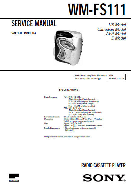 SONY WM-FS111 RADIO CASSETTE PLAYER SERVICE MANUAL INC BLK DIAG PCBS SCHEM DIAG AND PARTS LIST 22 PAGES ENG