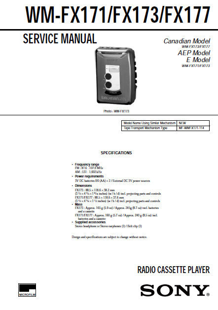 SONY WM-FX171 WM-FX173 WM-FX177 RADIO CASSETTE PLAYER SERVICE MANUAL INC BLK DIAG PCBS SCHEM DIAGS AND PARTS LIST 30 PAGES ENG