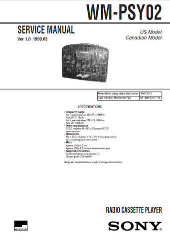 SONY WM-PSY02 RADIO CASSETTE PLAYER SERVICE MANUAL INC BLK DIAG PCBS SCHEM DIAG AND PARTS LIST 19 PAGES ENG