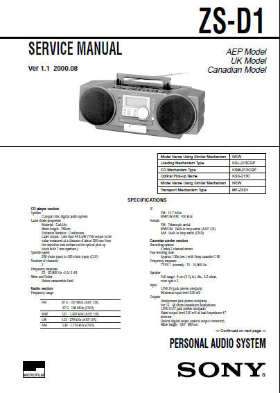 SONY ZS-D1 PERSONAL AUDIO SYSTEM SERVICE MANUAL INC BLK DIAGS PCBS SCHEM DIAGS AND PARTS LIST 62 PAGES ENG