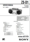 SONY ZS-D1 PERSONAL AUDIO SYSTEM SERVICE MANUAL INC BLK DIAGS PCBS SCHEM DIAGS AND PARTS LIST 62 PAGES ENG
