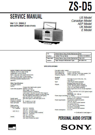 SONY ZS-D5 PERSONAL AUDIO SYSTEM SERVICE MANUAL INC BLK DIAGS PCBS SCHEM DIAGS AND PARTS LIST 57 PAGES ENG