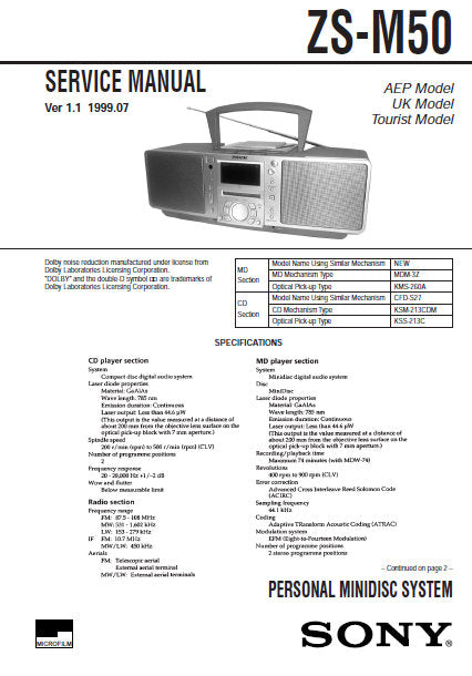 SONY ZS-M50 PERSONAL MINIDISC SYSTEM SERVICE MANUAL AEP UK TOURIST MODEL INC BLK DIAGS PCBS SCHEM DIAGS AND PARTS LIST 76 PAGES ENG