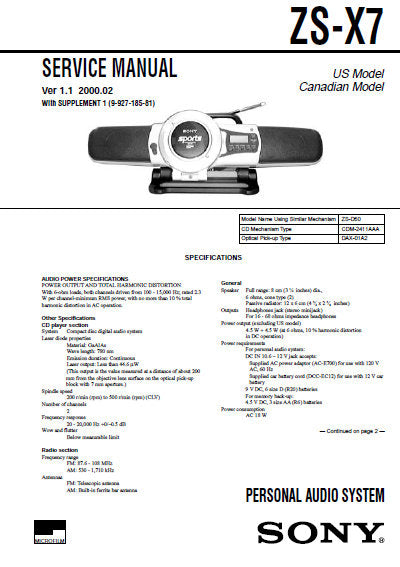 SONY ZS-Z7 PERSONAL MINIDISC SYSTEM SERVICE MANUAL US CANADIAN MODEL INC BLK DIAG PCBS SCHEM DIAGS AND PARTS LIST 46 PAGES ENG