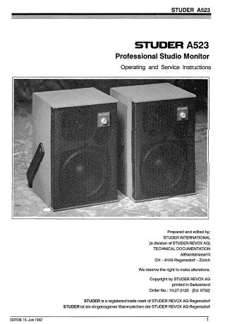 STUDER REVOX A523 PROFESSIONAL STUDIO MONITOR OPERATING AND SERVICE INSTRUCTIONS INC CONN DIAG BLK DIAG SCHEM DIAG AND PCB 14 PAGES ENG DEUT