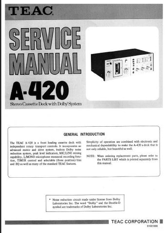 TEAC A-420 STEREO CASSETTE DECK SERVICE MANUAL INC BLK DIAG LEVEL DIAG AND TRSHOOT GUIDE 33 PAGES ENG