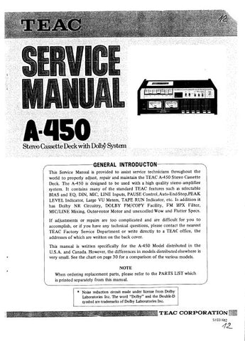 TEAC A-450 STEREO CASSETTE DECK SERVICE MANUAL INC SCHEMS DIAGS AND PARTS LIST 58 PAGES ENG