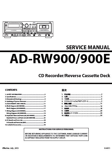 TEAC AD-RW900 AD-RW900G CD RECORDER REVERSE CASSETTE DECK SERVICE MANUAL INC BLK DIAG PCBS WIRING DIAGS AND PARTS LIST 50 PAGES ENG