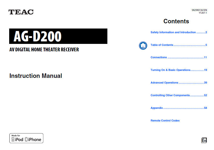 TEAC AG-D200 AV DIGITAL HOME THEATER RECEIVER INSTRUCTION MANUAL 92 PAGES ENG