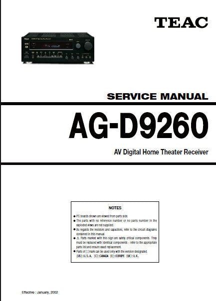 TEAC AG-D9260 AV DIGITAL HOME THEATER RECEIVER SERVICE MANUAL INC PCBS AND PARTS LIST 29 PAGES ENG