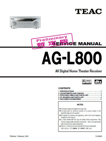 TEAC AG-L800 AV DIGITAL HOME THEATER RECEIVER SERVICE MANUAL INC BLK DIAG PCBS SCHEM DIAGS AND PARTS LIST 20 PAGES ENG