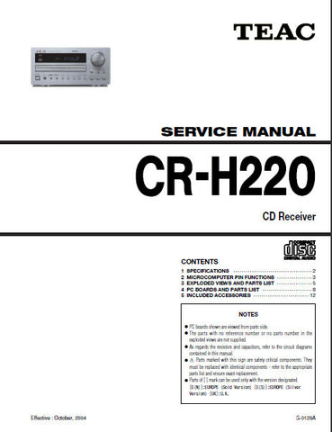 TEAC CR-H220 CD RECEIVER SERVICE MANUAL INC PCBS EXPL VIEW AND PARTS LIST 12 PAGES ENG