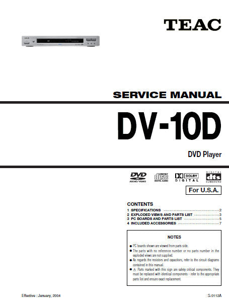 TEAC DV-10D DVD RECEIVER SERVICE MANUAL INC PCBS EXPL VIEWS AND PARTS LIST 7 PAGES ENG