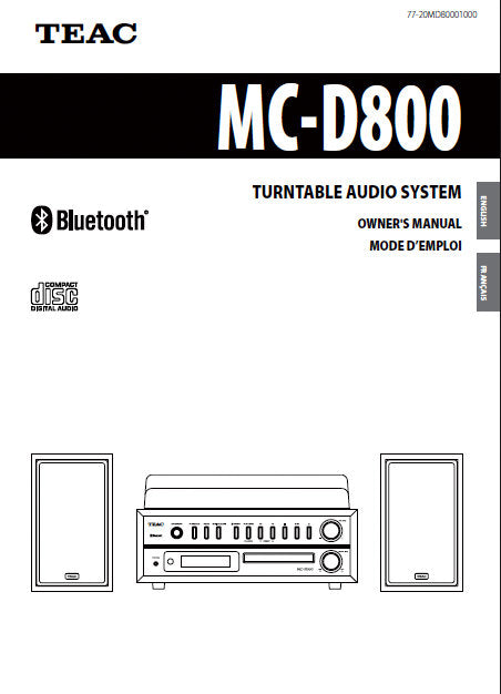 TEAC MC-D800 TURNTABLE AUDIO SYSTEM OWNER'S MANUAL INC CONN DIAG AND TRSHOOT GUIDE 116 PAGES ENG FRANC