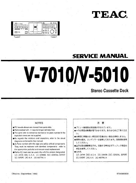 TEAC V-5010 V-7010 STEREO CASSETTE DECK SERVICE MANUAL INC PCBS SCHEM DIAGS AND PARTS LIST 36 PAGES ENG