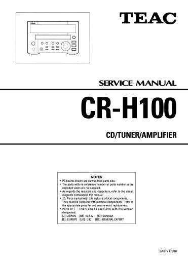 TEAC CR-H100 CD TUNER AMPLIFIER SERVICE MANUAL INC PCBS SCHEM DIAGS AND PARTS LIST 32 PAGES ENG