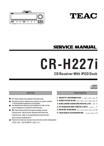 TEAC CR-H227i CD RECEIVER WITH iPOD DOCK SERVICE MANUAL INC PCBS SCHEM DIAGS AND PARTS LIST 20 PAGES ENG