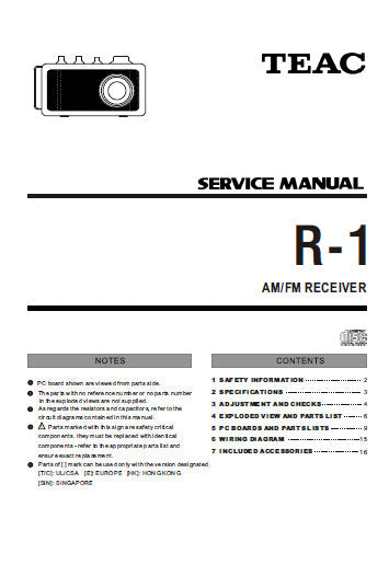 TEAC R-1 AM FM RECEIVER SERVICE MANUAL INC PCBS SCHEM DIAG AND PARTS LIST 18 PAGES ENG