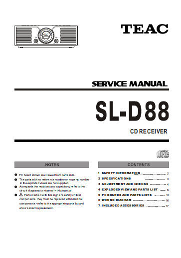 TEAC SL-D88 CD RECEIVER SERVICE MANUAL INC PCBS SCHEM DIAGS AND PARTS LIST 20 PAGES ENG