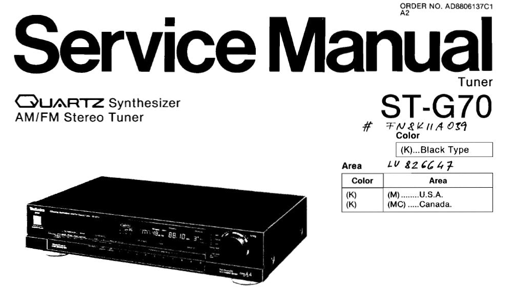 TECHNICS ST-G70 QUARTZ SYNTHESIZER FM AM TUNER SERVICE MANUAL INC BLK DIAG PCBS AND SCHEM DIAG 23 PAGES ENG