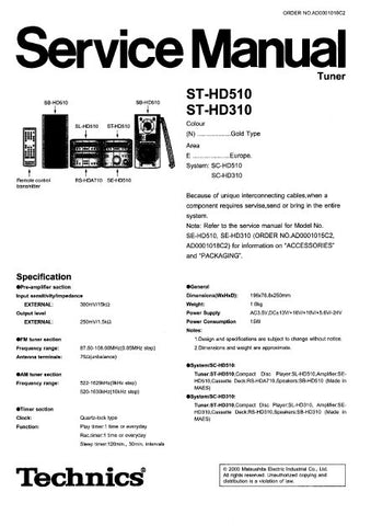 TECHNICS ST-HD310 ST-HD510 TUNER SERVICE MANUAL INC BLK DIAG PCBS SCHEM DIAGS AND PARTS LIST 27 PAGES ENG