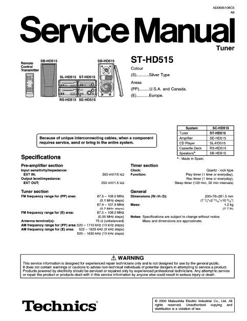 TECHNICS ST-HD515 TUNER SERVICE MANUAL INC BLK DIAG PCBS SCHEM DIAGS AND PARTS LIST 29 PAGES ENG