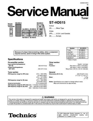 TECHNICS ST-HD515 TUNER SERVICE MANUAL INC BLK DIAG PCBS SCHEM DIAGS AND PARTS LIST 29 PAGES ENG