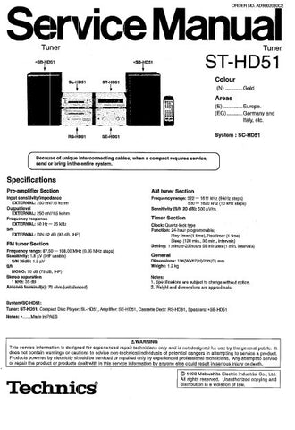 TECHNICS ST-HD51 TUNER SERVICE MANUAL INC BLK DIAG PCBS SCHEM DIAGS AND PARTS LIST 32 PAGES ENG
