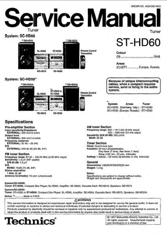 TECHNICS ST-HD60 TUNER SERVICE MANUAL INC BLK DIAG PCBS SCHEM DIAGS AND PARTS LIST 40 PAGES ENG