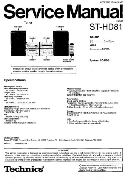 TECHNICS ST-HD81 TUNER SERVICE MANUAL INC BLK DIAG PCBS SCHEM DIAGS AND PARTS LIST 36 PAGES ENG