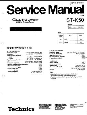 TECHNICS ST-K50 QUARTZ SYNTHESIZER AM FM STEREO TUNER SERVICE MANUAL INC BLK DIAG PCBS SCHEM DIAGS AND PARTS LIST 18 PAGES ENG