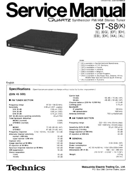 TECHNICS ST-S8(K) QUARTZ SYNTHESIZER FM AM STEREO TUNER SERVICE MANUAL INC BLK DIAG PCBS SCHEM DIAGS AND PARTS LIST 13 PAGES ENG