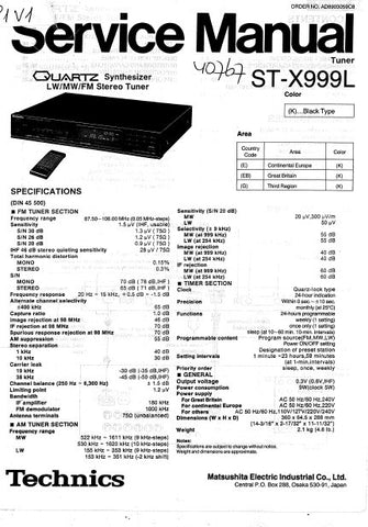 TECHNICS ST-X999L QUARTZ SYNTHESIZER LW MW FM STEREO TUNER SERVICE MANUAL INC BLK DIAG PCBS SCHEM DIAG AND PARTS LIST 16 PAGES ENG