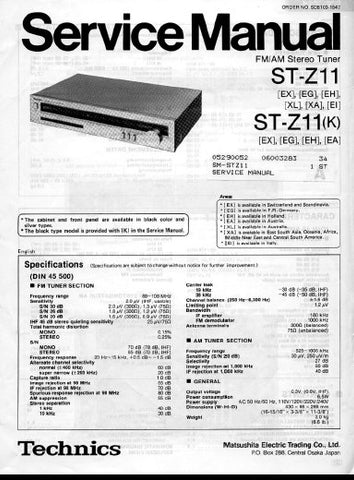 TECHNICS ST-Z11 ST-Z11(K) FM AM STEREO TUNER SERVICE MANUAL INC BLK DIAG PCBS SCHEM DIAG AND PARTS LIST 18 PAGES ENG