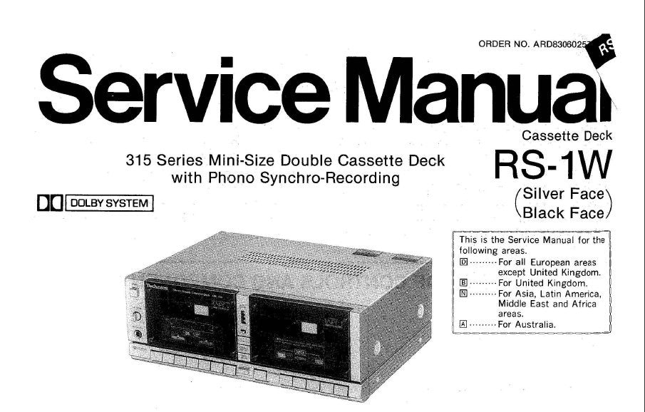 TECHNICS RS-1W STEREO DOUBLE CASSETTE TAPE DECK SERVICE MANUAL INC BLK DIAG SCHEM DIAG PCBS AND PARTS LIST 18 PAGES ENG