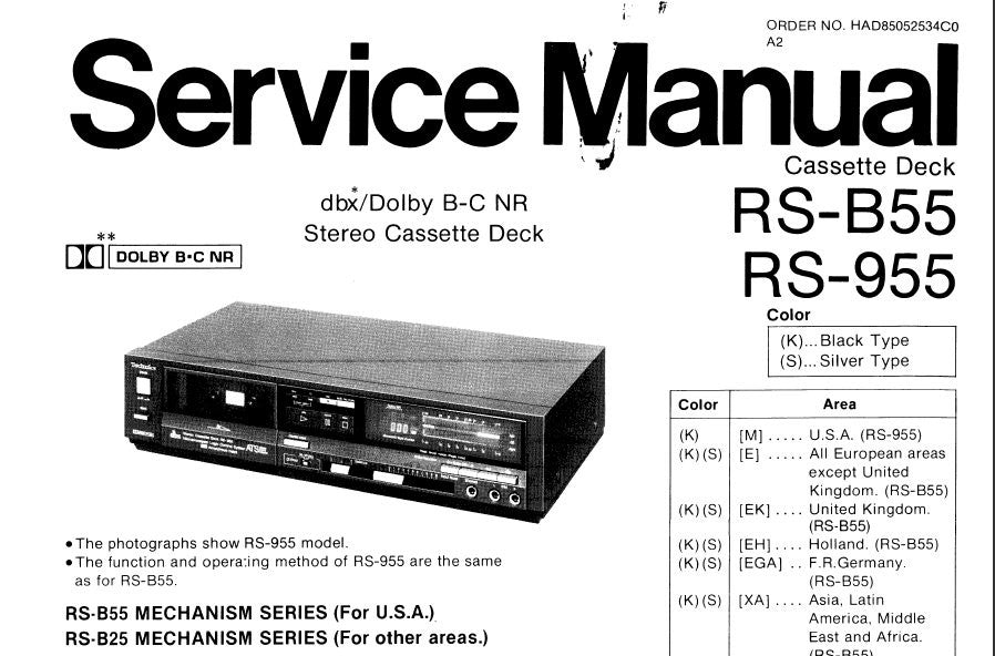 TECHNICS RS-955 RS-B55 STEREO CASSETTE TAPE DECK SERVICE MANUAL INC BLK DIAG SCHEM DIAG PCBS AND PARTS LIST 40 PAGES ENG DEUT FRANC ESP