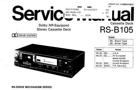 TECHNICS RS-B105 DOLBY NR EQUPPED STEREO CASSETTE TAPE DECK SERVICE MANUAL INC BLK DIAG SCHEM DIAG WIRING CONN DIAG PCBS AND PARTS LIST 21 PAGES ENG DEUT FRANC ESP